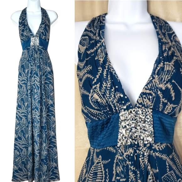 BCBGMaxAzria Dresses & Skirts - NWOT BCBG Max Azria blue leaf print sequined silk halter maxi dress Womens 8